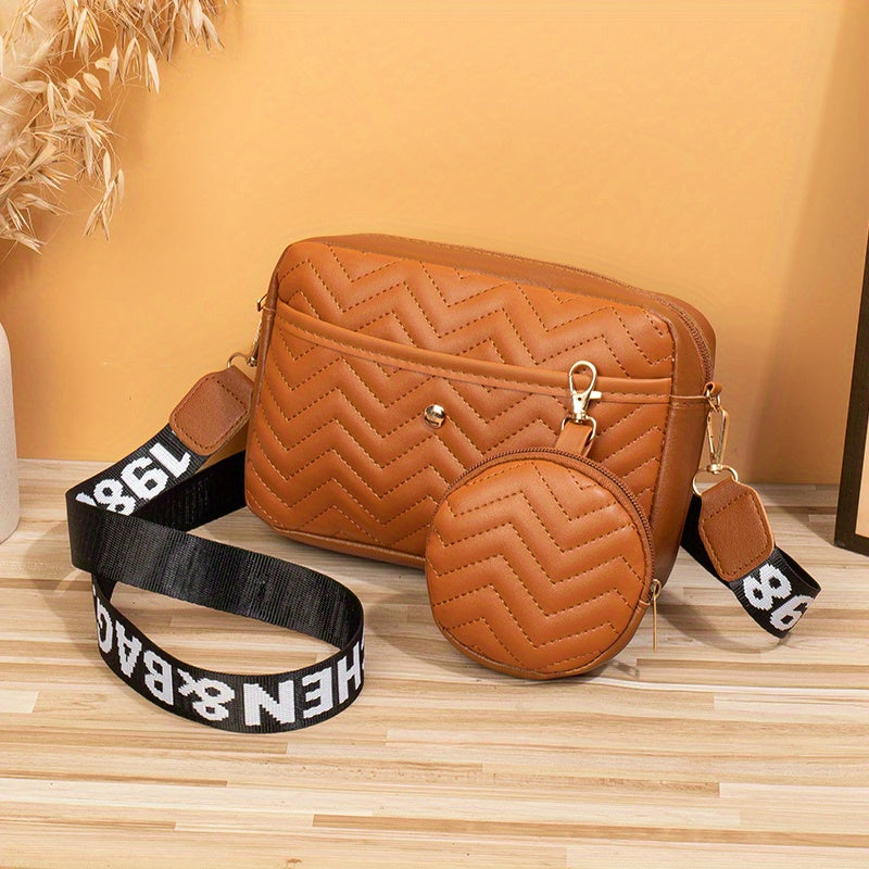 New Quilted Shoulder Bag, Casual Zipper Crossbody Bag, V-Pattern Two Piece Small Square Bag, Shoulder Bag with Zero Wallet, Letter Shoulder Strap, Coin Wallet, Card Bag, Phone Bag, Camera Bag, Lipstick Bag, Key Bag(8.66*5.12*