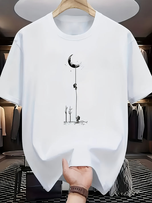 Men's Casual Graphic T-Shirt - Soft Polyester Blend, Crew Neck, Short Sleeve, Summer Style with Unique Moon and Figures Print, Lightweight and Comfortable for Casual Attire, Everyday Tshirt   Artistic Design Shirt   Lightweig