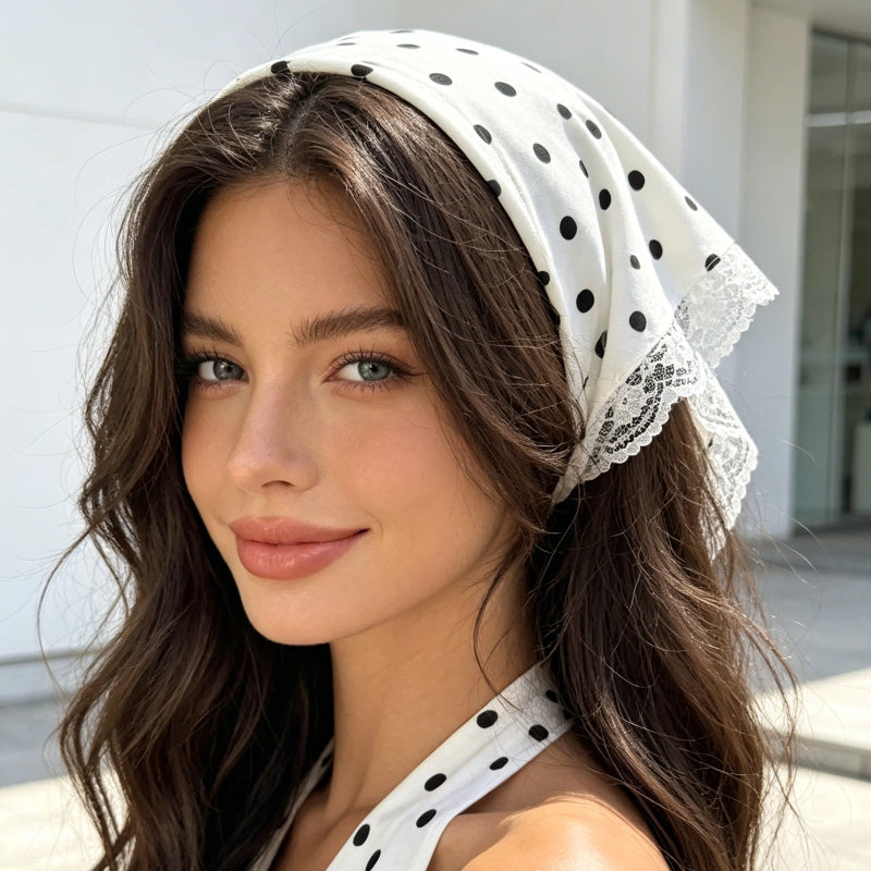 Women’s Stretch Lace Trim Polka Dot Bandana Headscarf