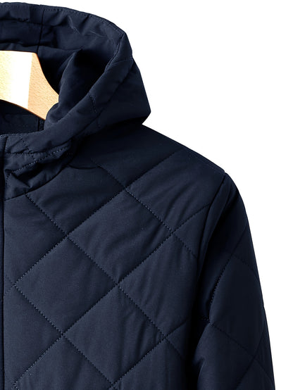 Men's Casual Fleece-Lined Hoodie Jacket - Warm, Windproof Zip-Up Coat with Quilted Design for Fall/Winter, Winter Coat