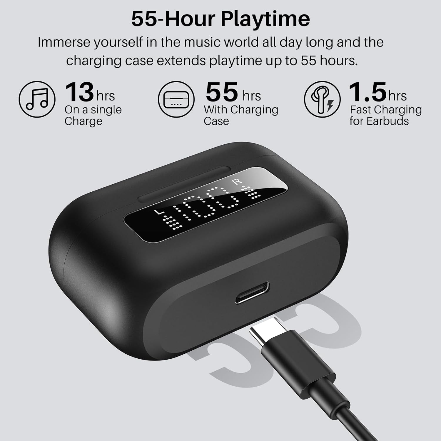 TOZO Hybrid Active Noise Cancelling Wireless Earbuds with 6 Mics AI Clear Call Ear Buds 55H Playtime with LED Display 32 Preset Eqs via APP Bluetooth 5.3 IPX8 Waterproof in Ear Headphones