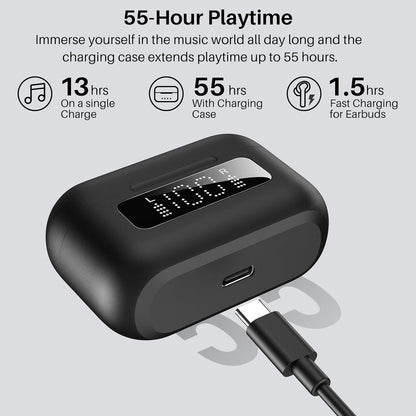 TOZO Hybrid Active Noise Cancelling Wireless Earbuds with 6 Mics AI Clear Call Ear Buds 55H Playtime with LED Display 32 Preset Eqs via APP Bluetooth 5.3 IPX8 Waterproof in Ear Headphones