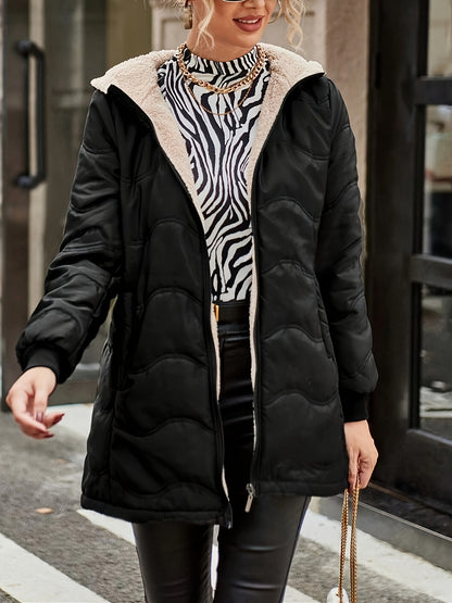 1pc Women'S Winter Warmth Casual Fleece-Lined Jacket with Zipper Pockets - Solid Color Polyester Woven Outerwear