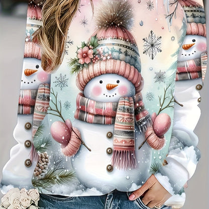 Women's Cozy Christmas Snowman Print Sweatshirt - Cute Pink Sweater with Collar & Raglan Sleeves, Soft Polyester-Spandex Blend Pullover for Winter Parties, Casual Holiday Sweater (Machine Washable)