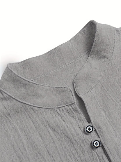 Classic Design Men's Solid Color Stand Collar Long Sleeve Button Up Top Shirt, Pure Cotton Spring And Autumn Fashion Cotton Tops For Daily And Casual Outerwear