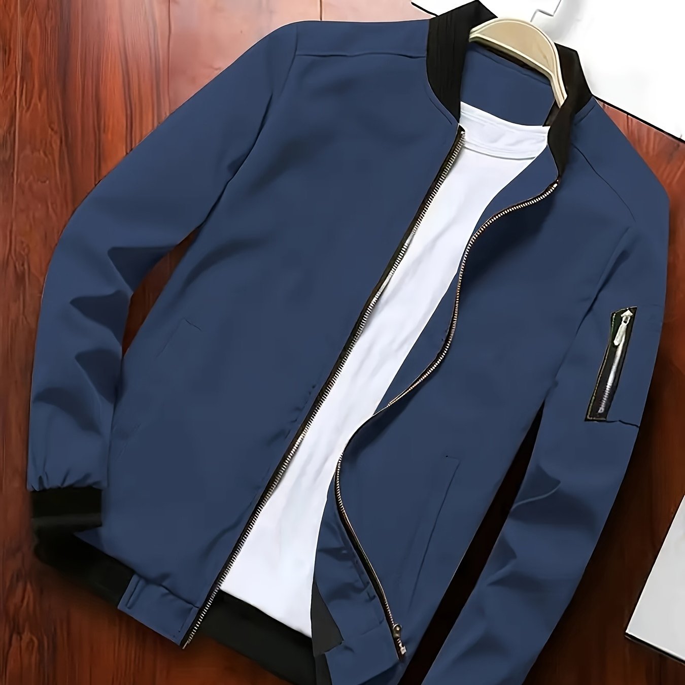 Men's Baseball Jacket - All-Season Zip-Up Coat with Zippered Pockets, Machine Washable Outerwear for Casual & Formal Events - Navy Jacket, Sleek Appearance