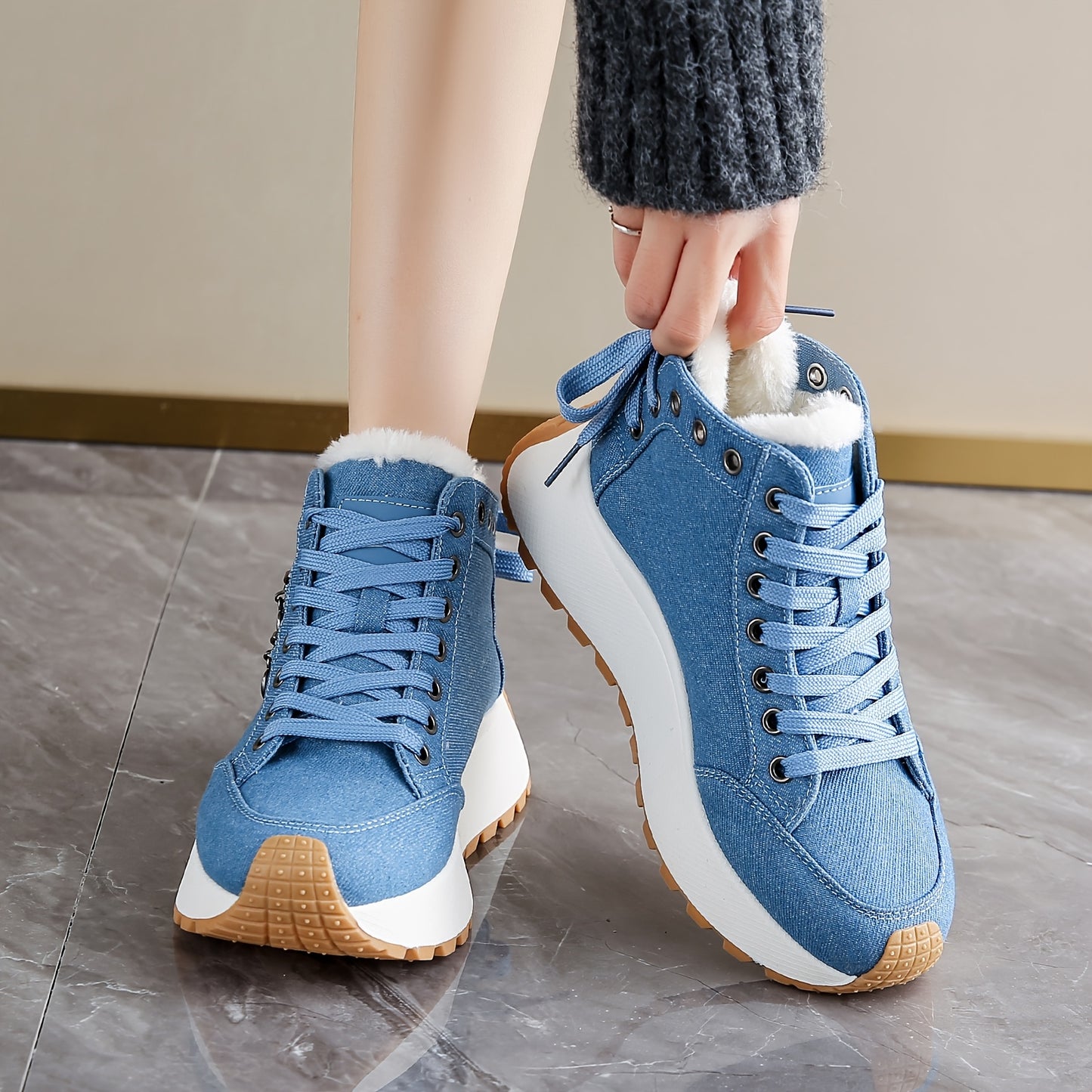Women'S Winter Boots with Plush Lining - Thickened Warm Snow Boots, Lace-Up Closure, Non-Slip PVC Sole - Elegant Cold Weather Shoes for Everyday & Formal Outfits - Easy-Clean Fabric Upper - Available in Blue, Black, Brown, Re