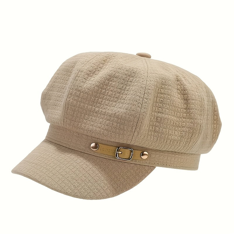 Vintage Plaid Octagonal Breton Cap for Women, Spring & Autumn