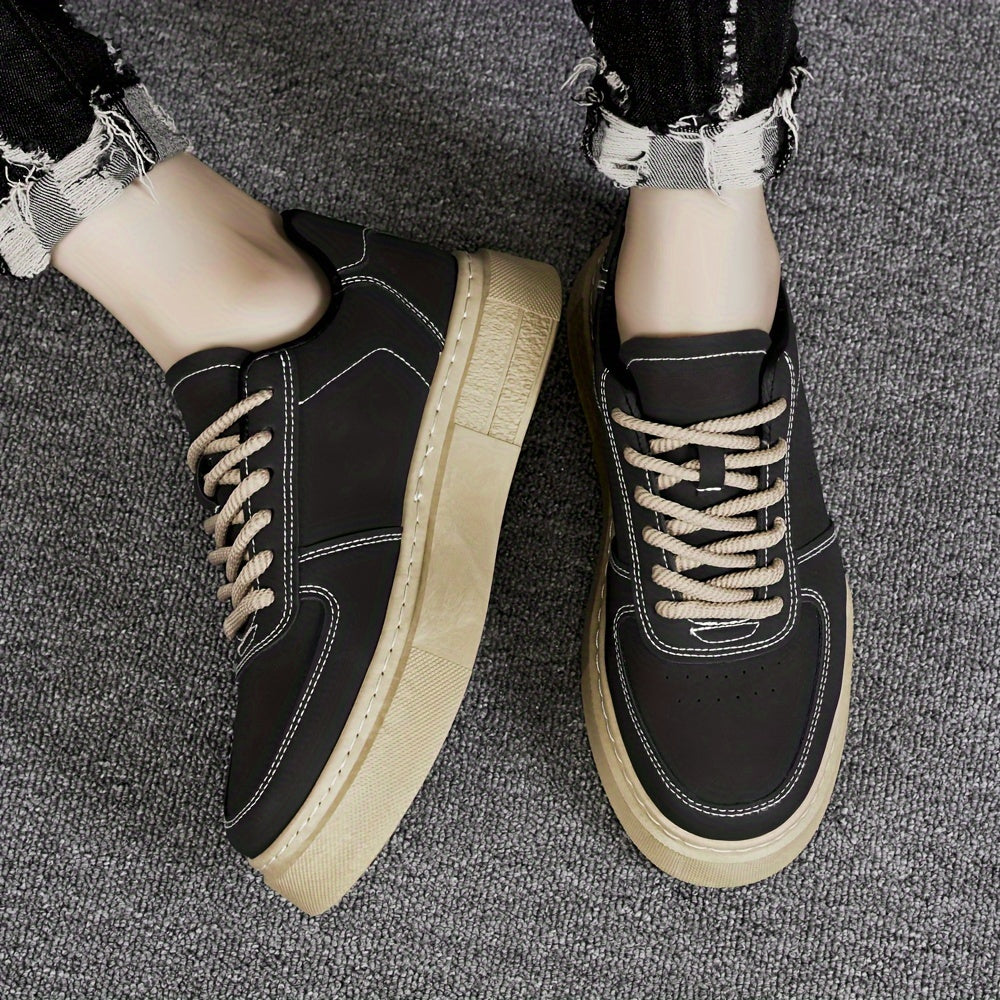 Men's Solid Colour Platform Skateboard Shoes, Comfy Non Slip Durable Lace Up Sneakers For Men's Outdoor Activities