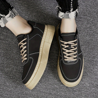 Men's Solid Colour Platform Skateboard Shoes, Comfy Non Slip Durable Lace Up Sneakers For Men's Outdoor Activities
