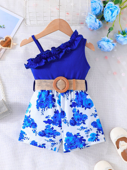 Baby's Vacation Style Flower Pattern Splicing One-Shoulder Romper With Belt, Toddler & Infant Girl's Bodysuit For Summer Daily & Outdoor Wear