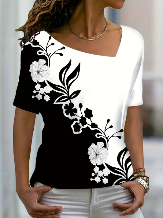 Women's T-shirt with floral pattern print, short sleeves, weekend, diagonal V-neck, regular floral painting, elegant and fashionable, daily casual top