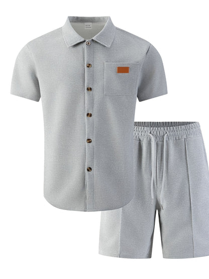 Men's 3-Piece Casual Waffle Knit Summer Set with Shirt & Shorts