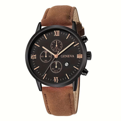1pc Geneva Vintage Men'S Quartz Watch, Round Alloy Case, Analog Display, with Date Feature, PU Leather Strap, Battery Powered (Button Battery), for Valentine's, Easter, Ramadan, Birthday, Christmas Gifts