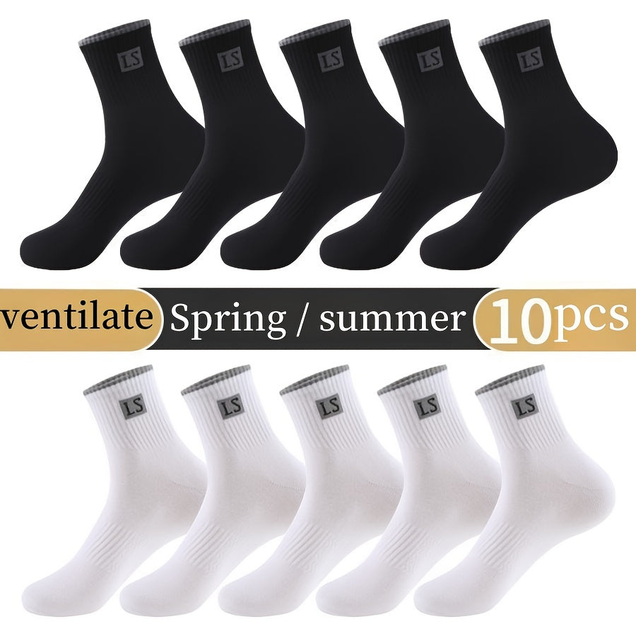 5/10 Pairs Of Men's Trendy Solid Crew Socks, Spring and Fall Breathable Comfy Casual Socks for Men's Outdoor Wearing All Seasons Wearing