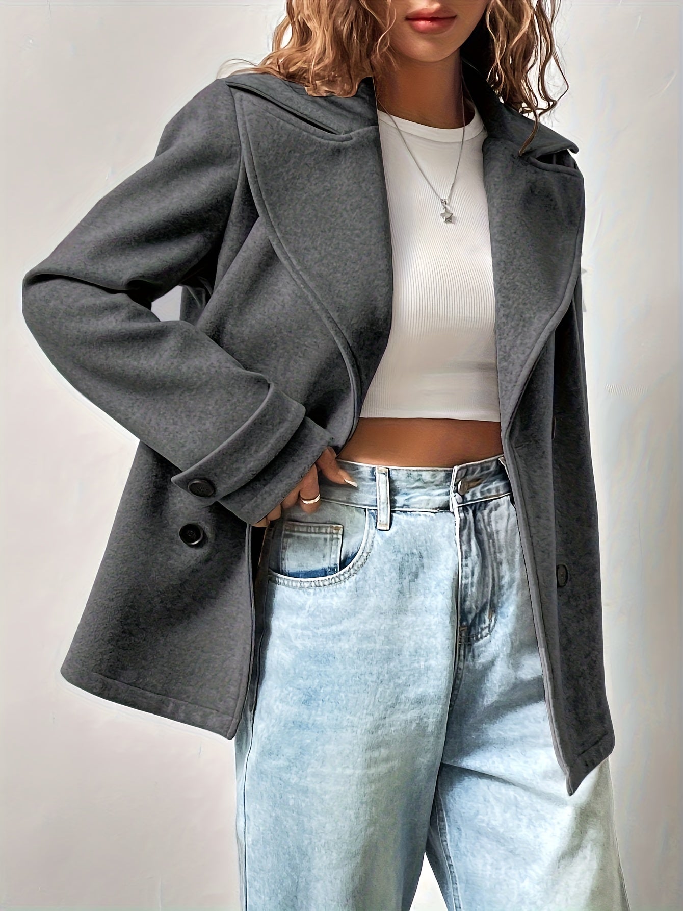 Կանացի ամենօրյա միագույն կրկնակի կրծքազարդ վերարկու, աշուն/ձմեռ