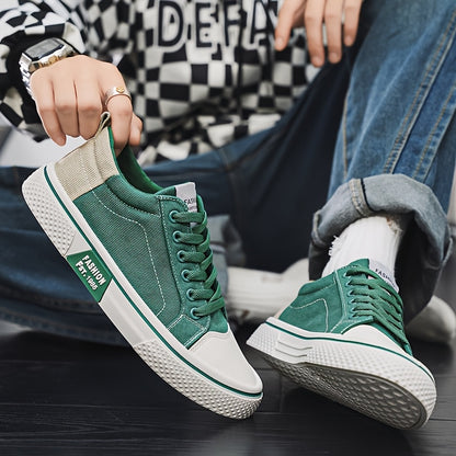 Men's Breathable Canvas Sneakers - Low-Top Lace-Up Skate Shoes, Fashionable Casual & Sporty Design with Green & Beige Color Block, Non-Slip PVC Sole for Casual Attire, Outdoor Sneakers | Laceup Closure | Stylish Lowtops