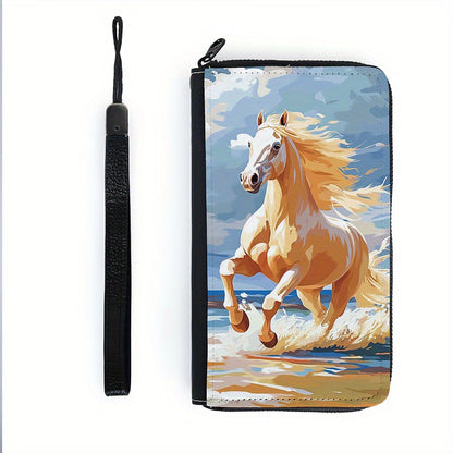 1pc Horse Pattern Ladies Wallet, Single-Sided New Design Large Capacity Multi-Card Slot Long Wallet, Trendy Casual Commuter Zippered Multifunctional Women's Clutch Purse, Pattern Placement May Vary