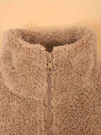 Women'S Cozy Fleece Jacket with Hood - Casual High Neck Zippered Long Sleeve Polyester Knit Fabric Sweater for Fall/Winter