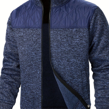 Men's Blocking Quilted Jacket For Spring And Autumn, Casual Stylish Outdoor Stand Collar Coat As Gift