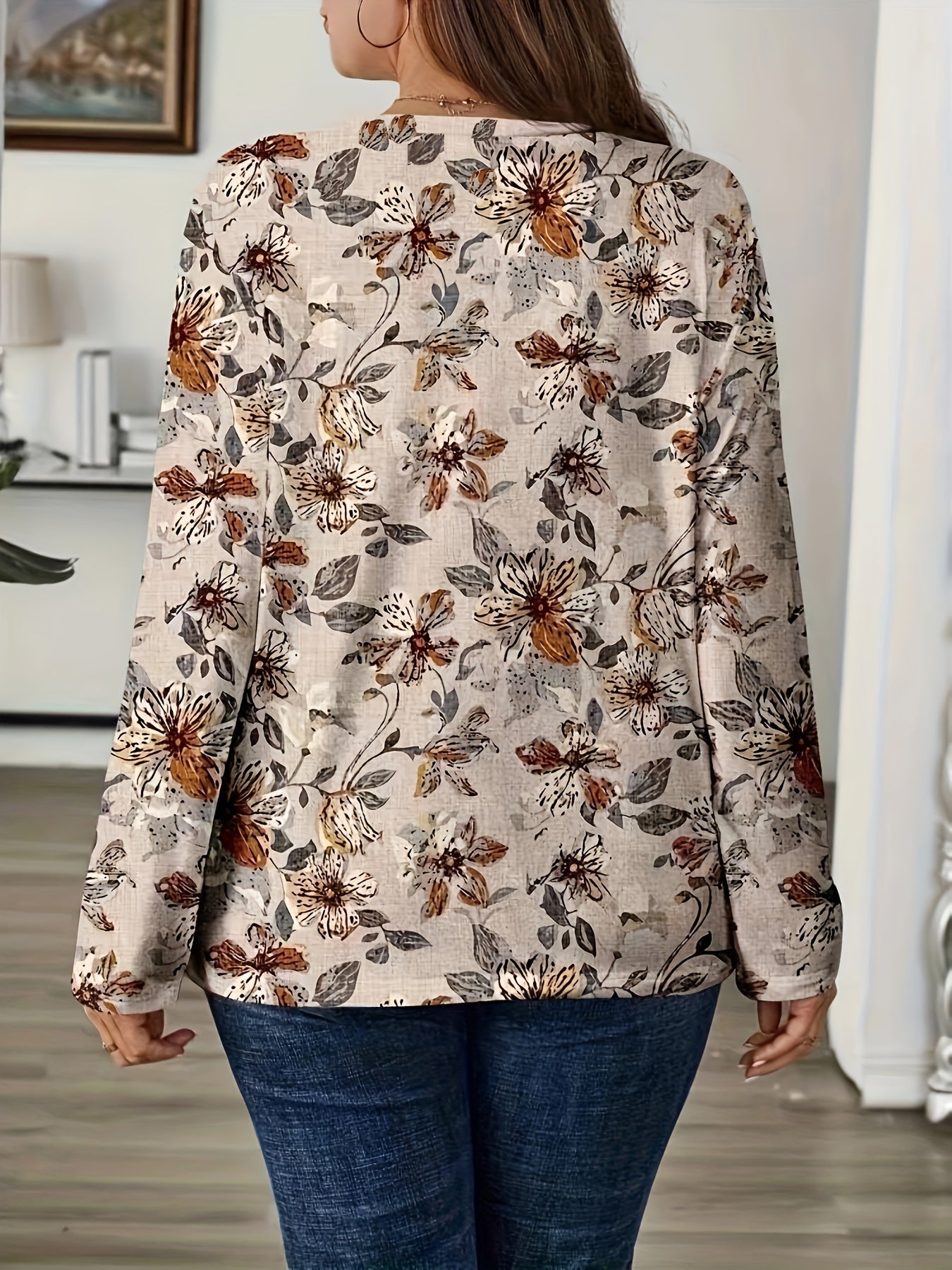 1pc Elegant Plus Size Floral Print Long Sleeve T-Shirt, Casual Crew Neck Polyester Top with Slight Stretch, All-Season Knit Fabric Blouse
