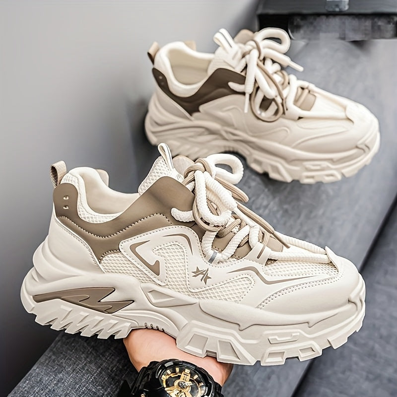 Men'S Breathable Mesh Sneakers with Thick Cushioned Sole - Lightweight Low-Top Lace-Up Shoes for Running, Hiking  Casual Wear, Navy Blue  White Design, All-Season Comfort, Sneakers, Hiking Footwear, Stylish Laceup Shoes, Du