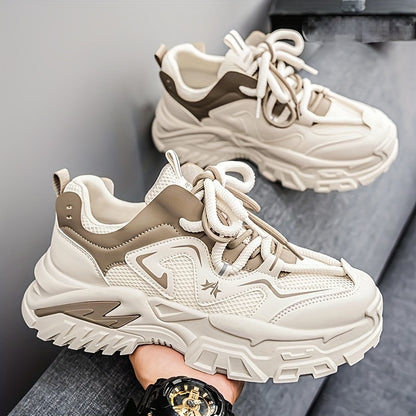 Men'S Breathable Mesh Sneakers with Thick Cushioned Sole - Lightweight Low-Top Lace-Up Shoes for Running, Hiking  Casual Wear, Navy Blue  White Design, All-Season Comfort, Sneakers, Hiking Footwear, Stylish Laceup Shoes, Du