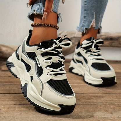 Women's Breathable Mesh Chunky Sneakers - Versatile All-Season, Mid-Top Lace-Up Sports Shoes in Beige/Brown & Black/White, Faux Cover Upper with Rubber Sole, Easy Care, High Top Sneakers