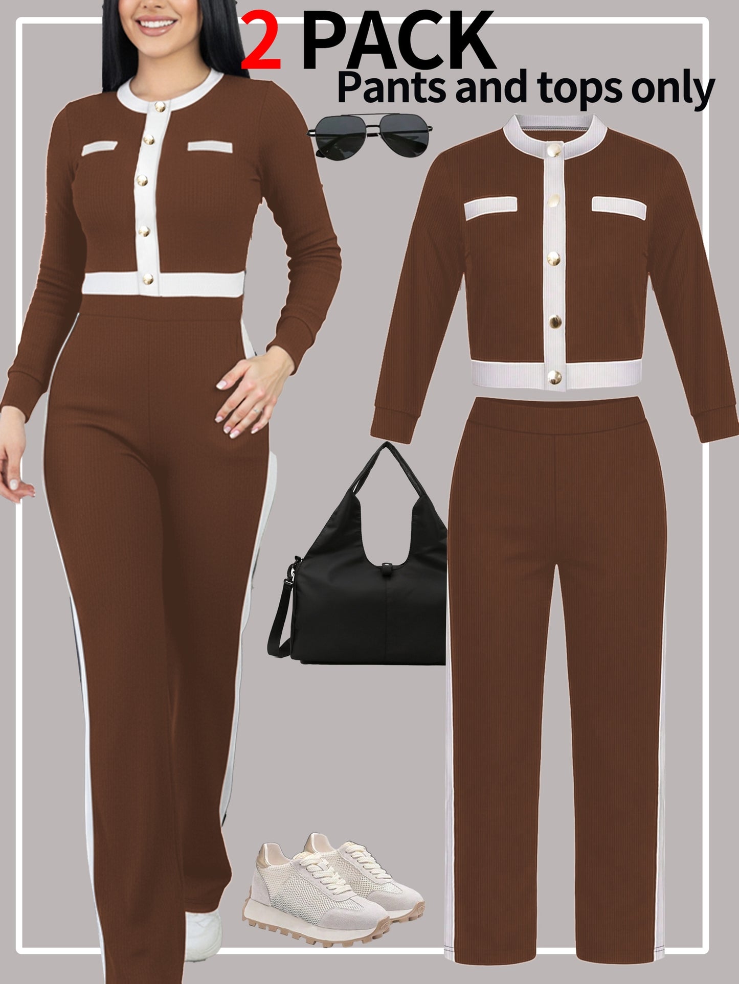 Autumn And Winter Women'S Outfit - Stylish Color-Blocked Fitted Long-Sleeve Top with a Round Neck And Versatile High-Waisted Comfortable Straight-Leg Pants