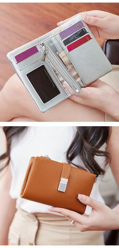 A Compact Trifold Wallet Made of Soft PU in a Solid Color, Featuring Metal Accents. It Includes a Zippered Coin Pocket, Card Slots, And an ID Window, Suitable for Credit Cards, ID Cards, Cash, And Coins. This Modern, Lightwei