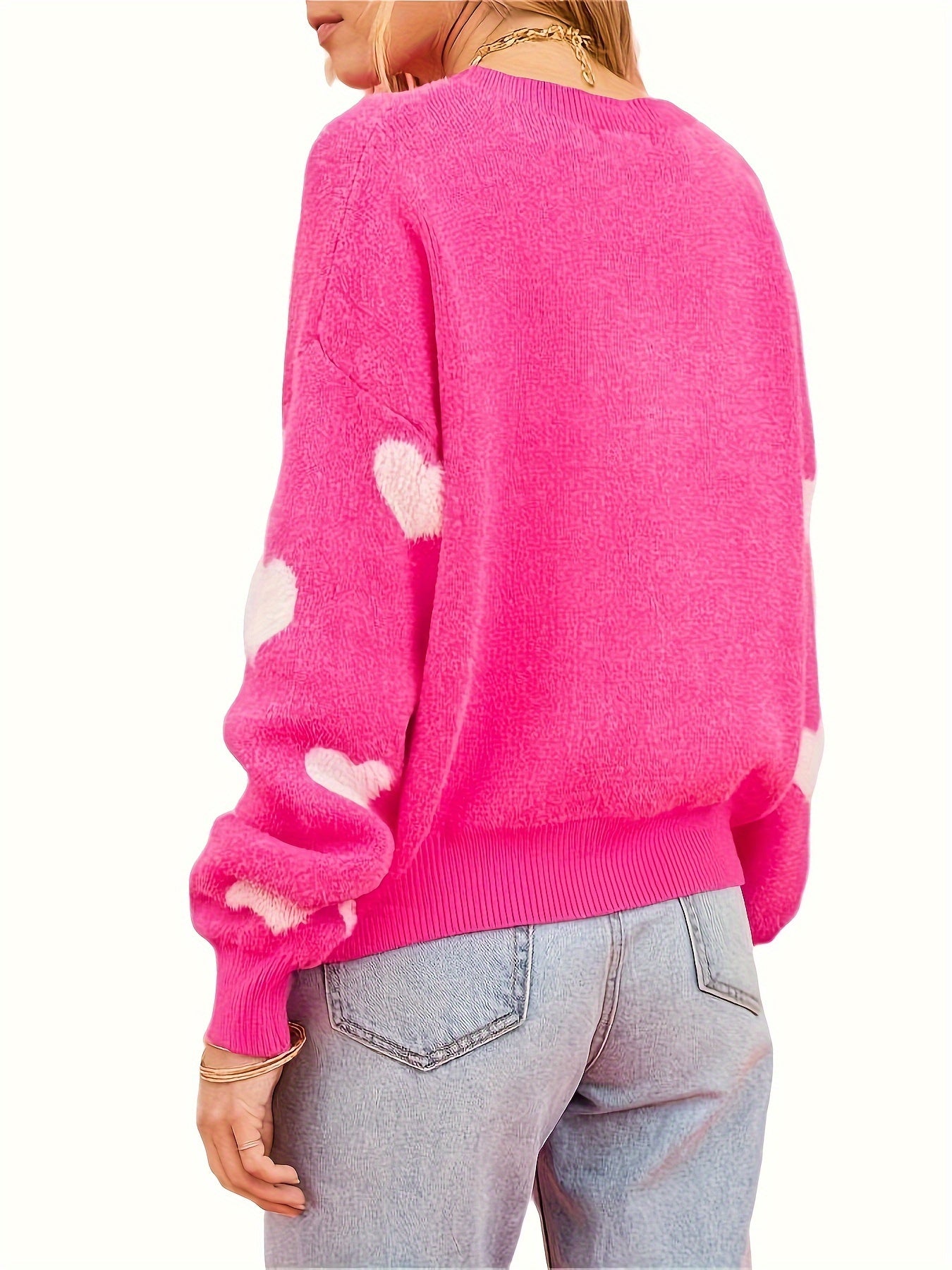 Heart Pattern Crew Neck Sweater, Casual Long Sleeve Sweater For Fall & Winter, Women's Clothing