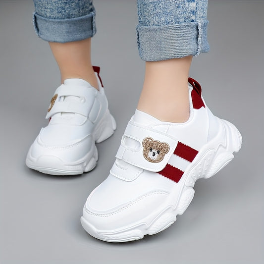 Girls' White Sneakers - Cute Cartoon Bear Design, Casual Low-Top Style with Hook-and-Loop Fastener, Comfortable Microfiber Synthetic Upper, All-Season Wear for Youngsters, Everyday Youngsters's Shoes | Playful Youngsters Snea