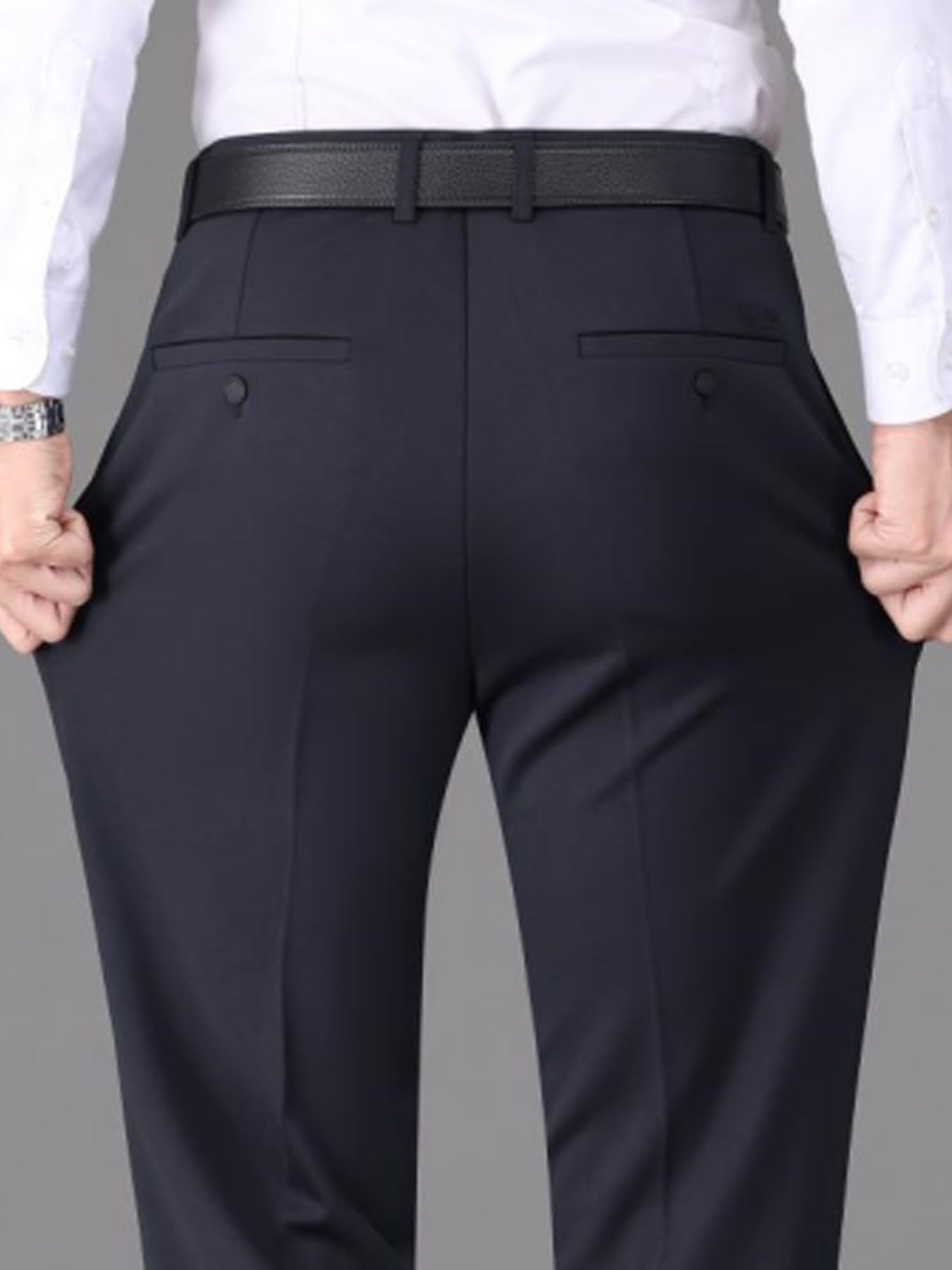 [Lightweight Design] Men's High-Waist Stretch Dress Pants - Wrinkle-Resistant, Dark Blue Business Casual with Pockets, Straight Leg Fit for Spring/Fall