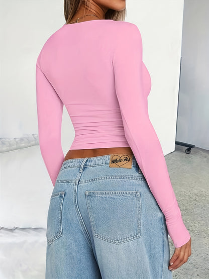 Women's Y2K Style Solid Color Crew Neck Long Sleeve T-Shirt, Polyester Knit Fabric, Skinny Fit, Short Length Pullover for Spring/Fall, Ladies T Shirts