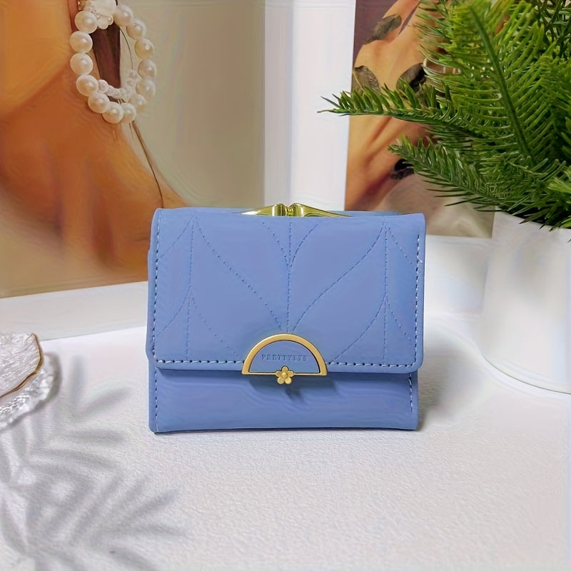 Compact Trifold Wallet for Women in Mint Green Featuring a Golden Clasp And Zippered Coin Compartment, Adorned with a Floral Pattern And Designed for Multiple Card Storage