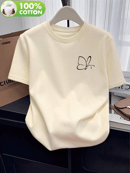 Women's Casual Cotton T-Shirt with Butterfly Applique, Lightweight Fit