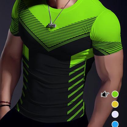Men'S Geometric-Pattern Sports T-Shirt, Polyester Blend, Crew Neck, High Stretch, Short Sleeve, Quick-Dry, Tear-Resistant, Knit Fabric, Skinny Fit, with 3D Heat Sublimation for Running, Yoga, Training, Hiking, Casual & Athlet
