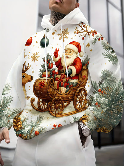 Men'S Plus Size 3D High-Definition Christmas Hooded Sweatshirt - Santa Claus & Reindeer Print, Loose Fit Winter Warmth, All-Season Casual Pullover with Pockets, Christmas Sweatshirt, Festive Clothing, Holiday Apparel, Holiday
