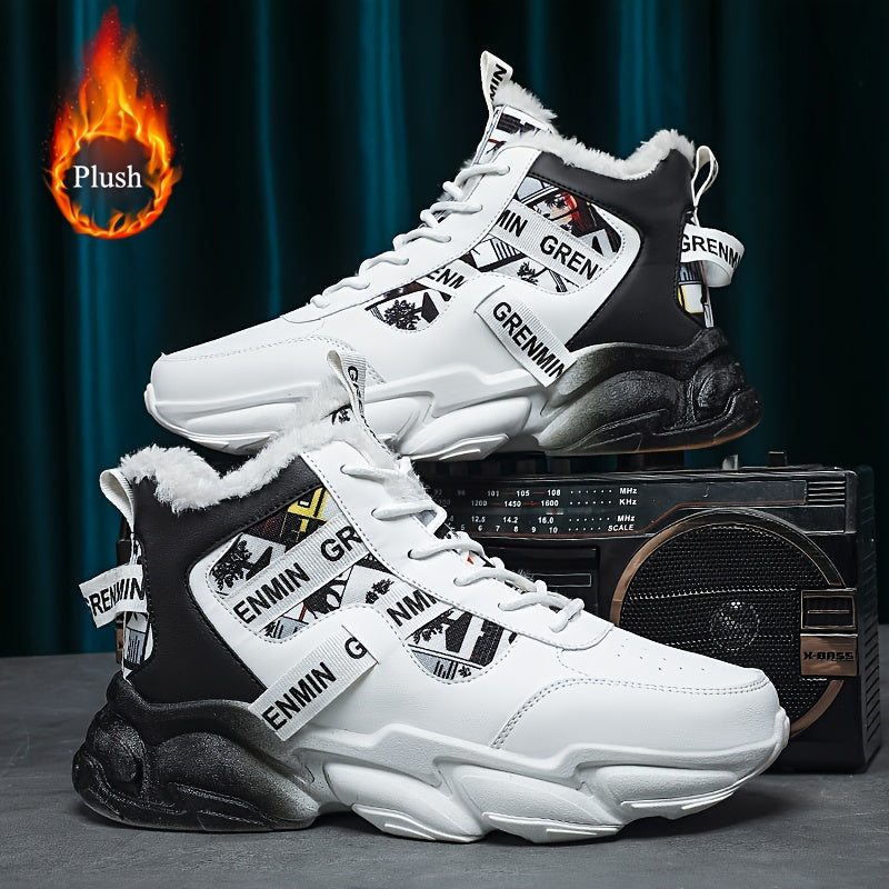 Men's High-Top Sneakers - Winter-Ready Upper & Cushioned EVA Sole, White/Black/Gray/White Colorway with Lace-Up Closure, Round Toe & Arch Support - Casual & Formal Winter Shoes for Men, Gym, Casual Attire - All-Terrain Tracti