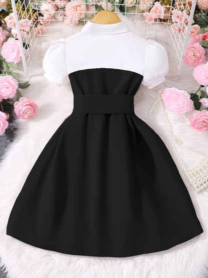 Preppy Black & White Color-Block Girls' Knee-Length Dress