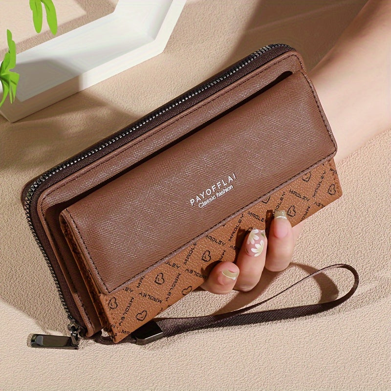 Classic PU Women'S Wallet, Long, Color-Block, Double-Layer Design, Zipper Closure, Zip Pocket, Photo Separation Layer, Nylon Lining, Continental Form Factor, with Positioning Printing for Women