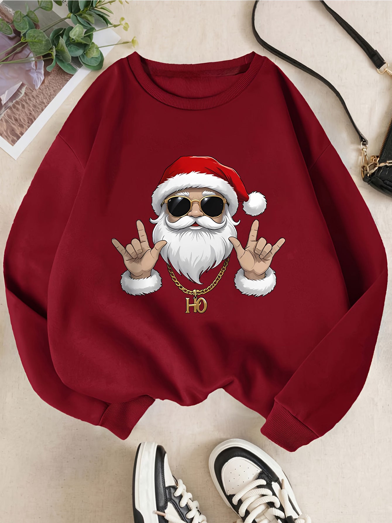 Women's Elegant Christmas Santa Claus Graphic Print Fleece-Lined Sweatshirt - Long Sleeve Round Neck Pullover with Golden Accents, Machine Washable Holiday Party Casual Top, Christmas Sweatshirt, Festive Clothing, Hiphop Styl