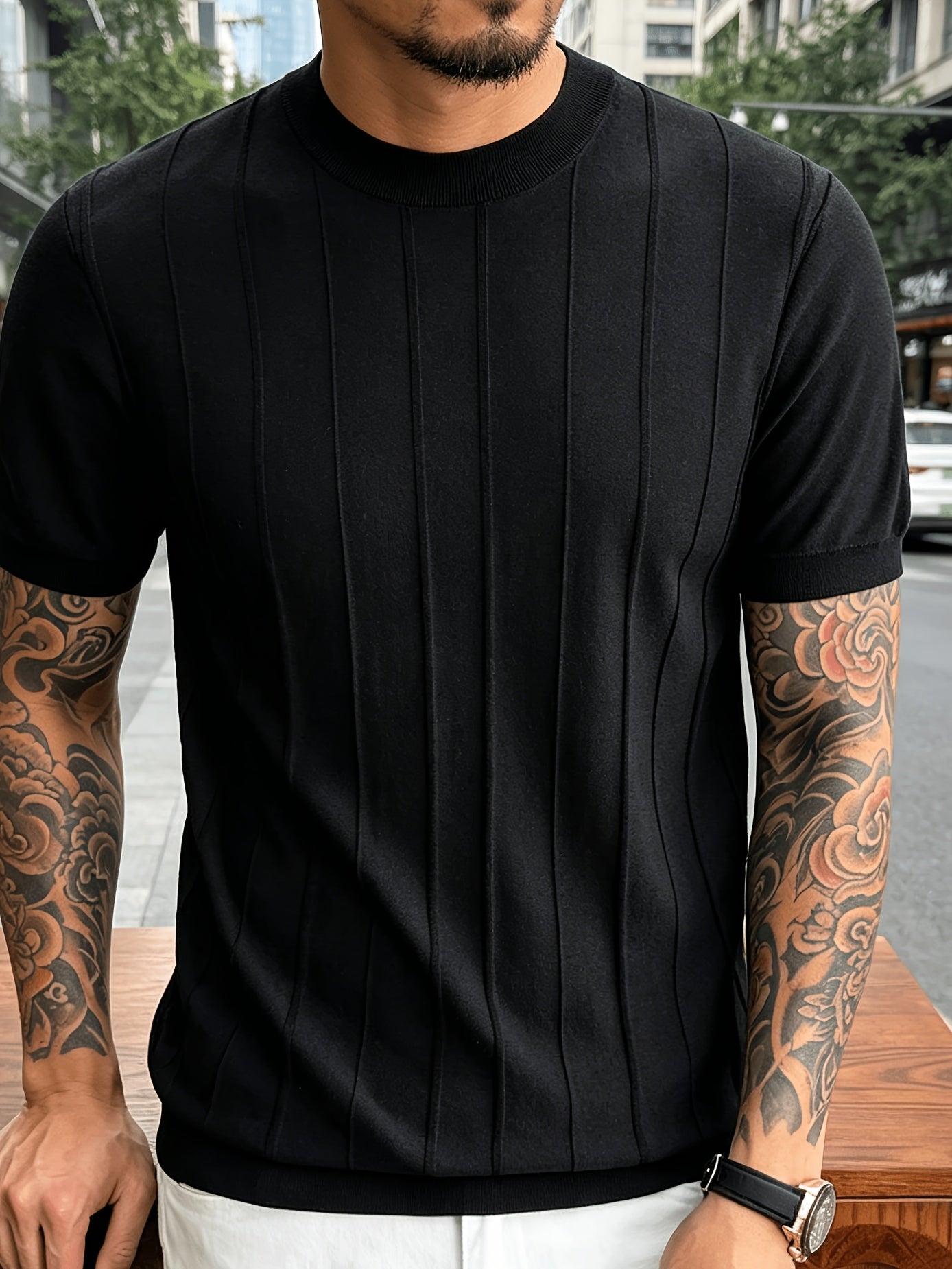 Men's Summer Slim Fit Rib Knit Crew Neck Short Sleeve Top
