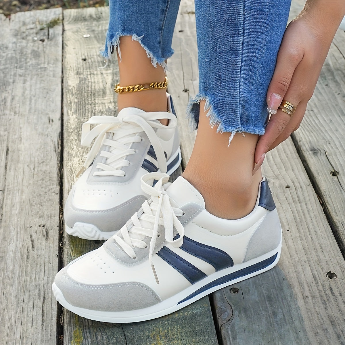 Women's Casual White Sneakers with Blue Accents - Breathable & Comfortable Lace-Up Running Shoes, Low-Top Fitness & Travel Footwear, Soft Rubber Sole, All-Season Wear
