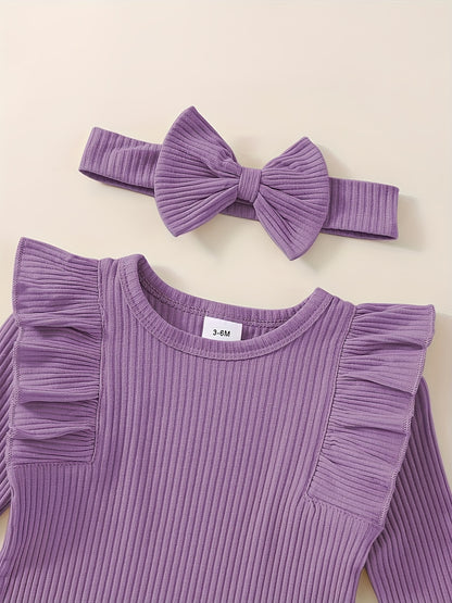 3pcs Baby Girl Outfit Set, Cute Ribbed Ruffle Long Sleeve Romper & Pants, 95% Cotton 5% Spandex, Crew Neck Pullovers, Solid Color, Regular Fit, No Belt, Fall/Winter Knit Fabric, 0-18 Months, for Outdoor