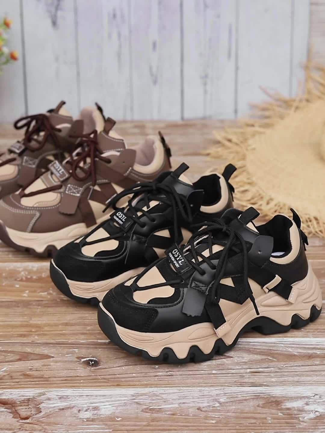 Women's Platform Sports Shoes, Two Tone Lace Up Height Increasing Chunky Sneakers, All-Match Walking Trainers