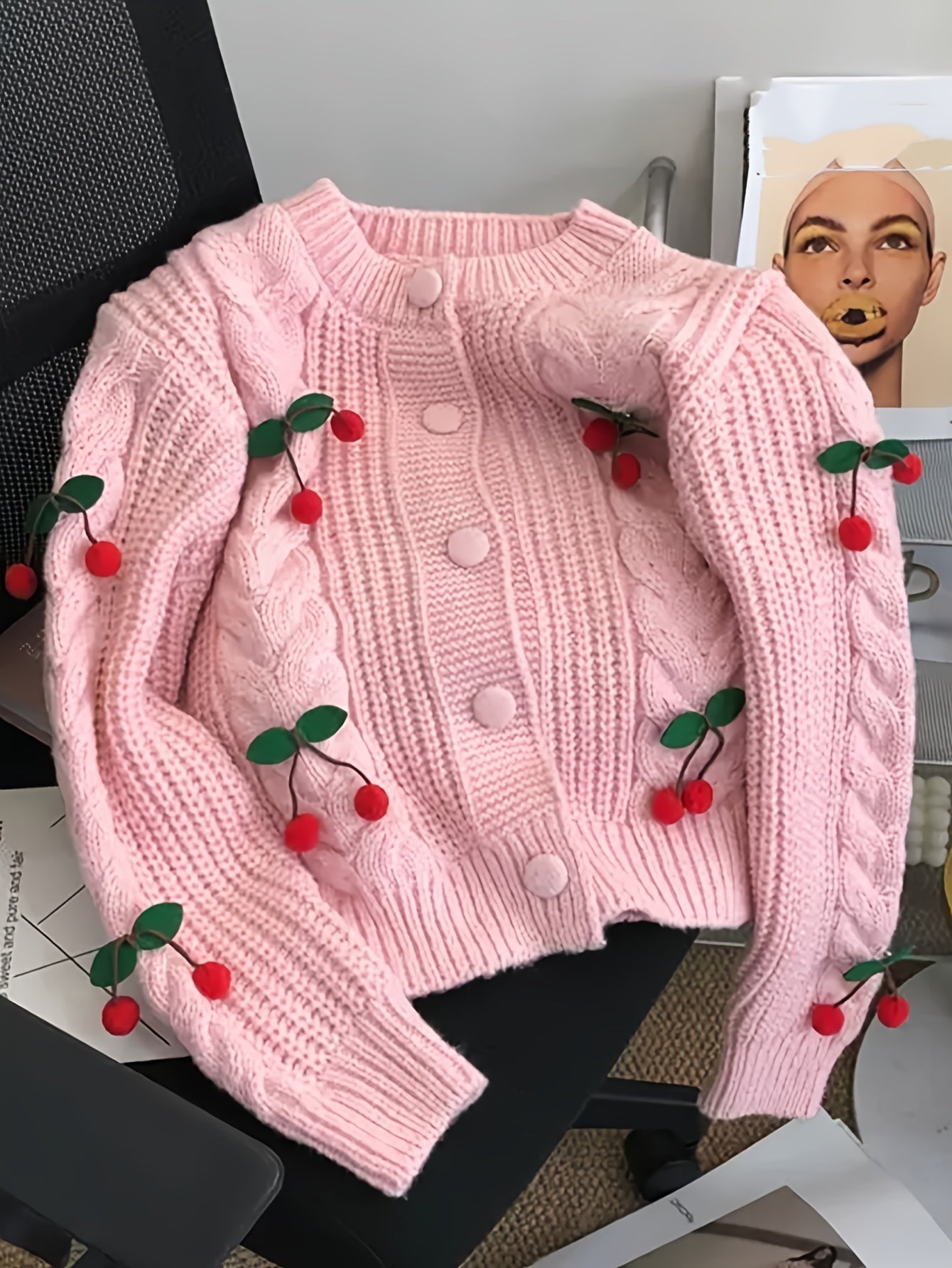 Women'S Purple Cable Cardigan with Cherry & Leaf Embellishments - Cozy Button-Up Sweater for Fall & Winter, Soft & Stylish Design, Perfect for Casual or Holiday Outfits, Winter Cardigan | Cable Cardigan | Buttoned Closure, Sw