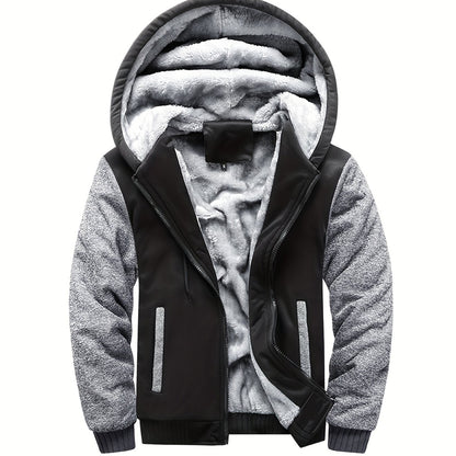 Color Block Sherpa Lined Men's Hooded Jacket, Casual Long Sleeve Hoodies With Zipper, Gym Sports Hooded Coat For Winter Fall