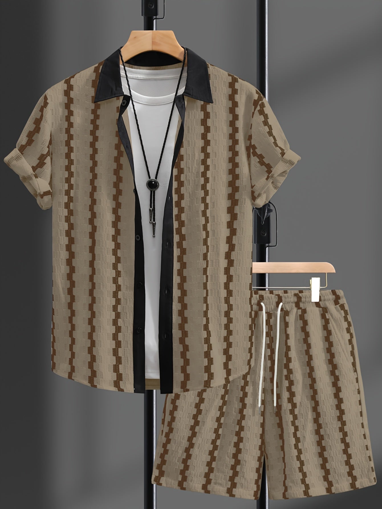 Men's Summer Casual 2-Piece Set with Color Block Shirt & Shorts