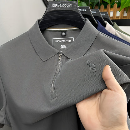 New Stylish Short-Sleeve Polo Shirt with a Zipper, a Breathable Business Fashion Tee, Featuring High-End Embroidery on The Sleeves And an Exquisite Design on The Back - ayq